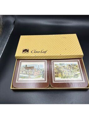 6 Clover Leaf English Villages Cork-Backed Coasters Boxed Heat Resistant Vintage